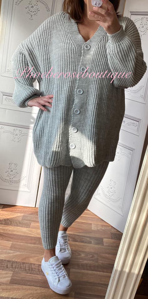 Soft Knit Ribbed Button 2 Piece Loungesuit - Soft Grey