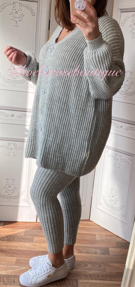 Soft Knit Ribbed Button 2 Piece Loungesuit - Soft Grey