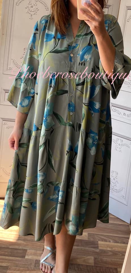 Floral Print Midi Smock Tired Dress -Khaki