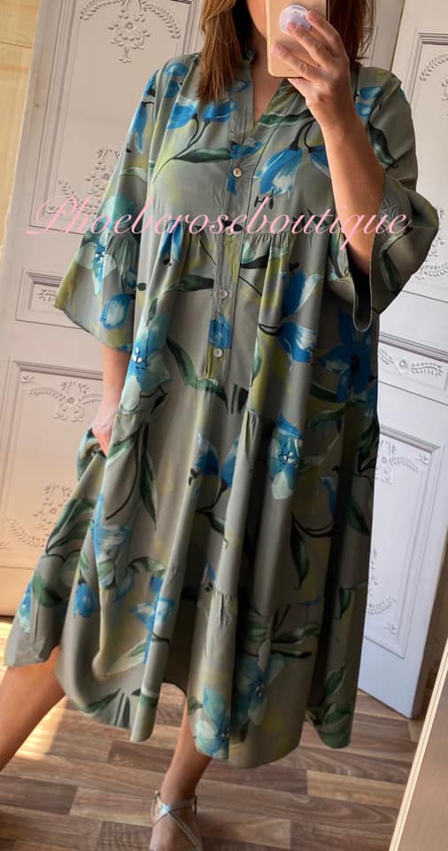 Floral Print Midi Smock Tired Dress -Khaki