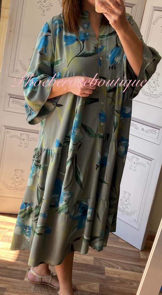 Floral Print Midi Smock Tired Dress -Khaki - Image 3