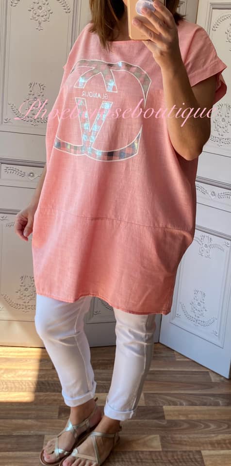 Glamour Logo Linen Mix Loose Fit Pocket Tunic/Top - Soft Coral - Image 3
