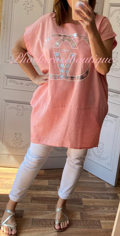 Glamour Logo Linen Mix Loose Fit Pocket Tunic/Top - Soft Coral