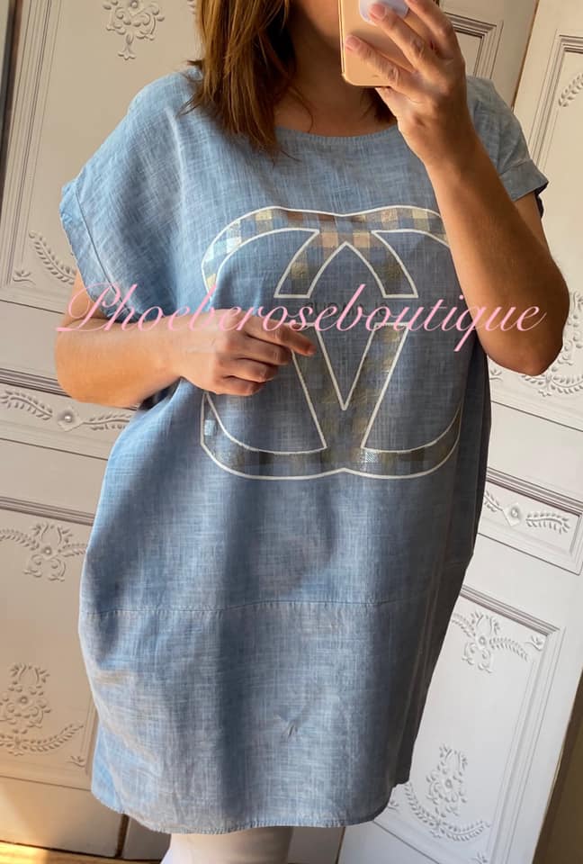 Glamour Logo Linen Mix Loose Fit Pocket Tunic/Top - Soft Denim Blue