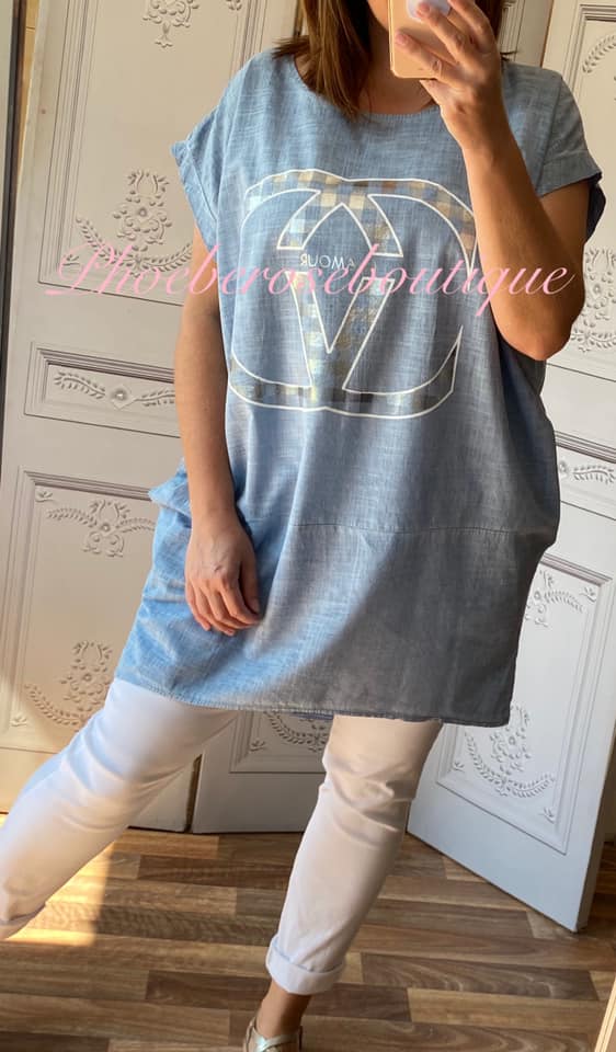 Glamour Logo Linen Mix Loose Fit Pocket Tunic/Top - Soft Denim Blue - Image 3