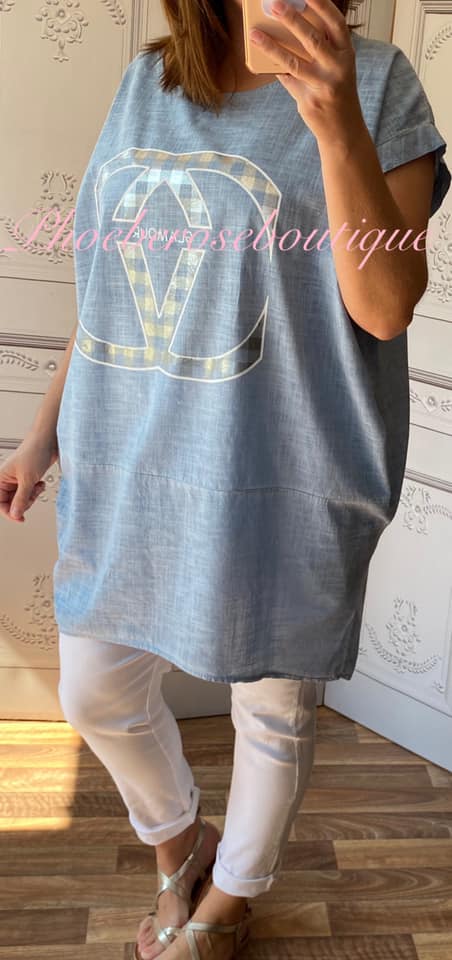 Glamour Logo Linen Mix Loose Fit Pocket Tunic/Top - Soft Denim Blue