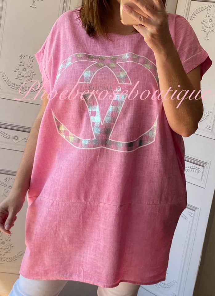 Glamour Logo Linen Mix Loose Fit Pocket Tunic/Top - Rose Pink