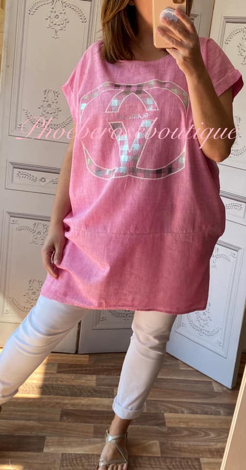 Glamour Logo Linen Mix Loose Fit Pocket Tunic/Top - Rose Pink - Image 3