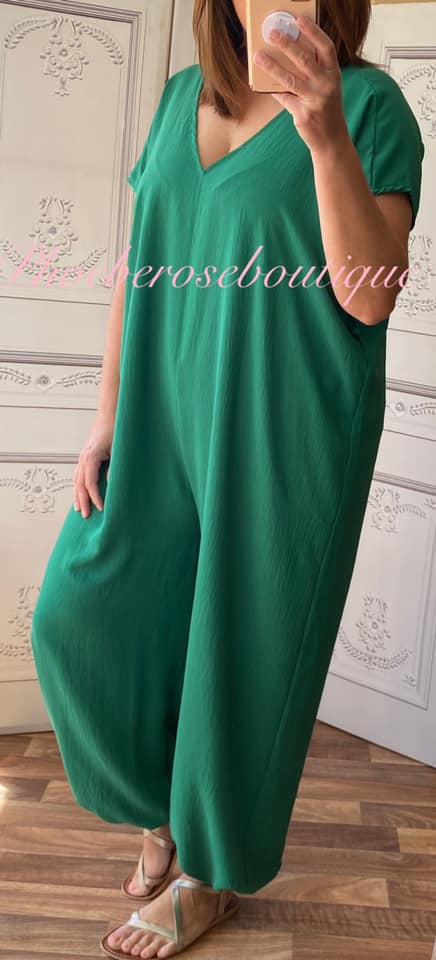 Short Sleeve Tie Jumpsuit - Emerald Green - Image 3