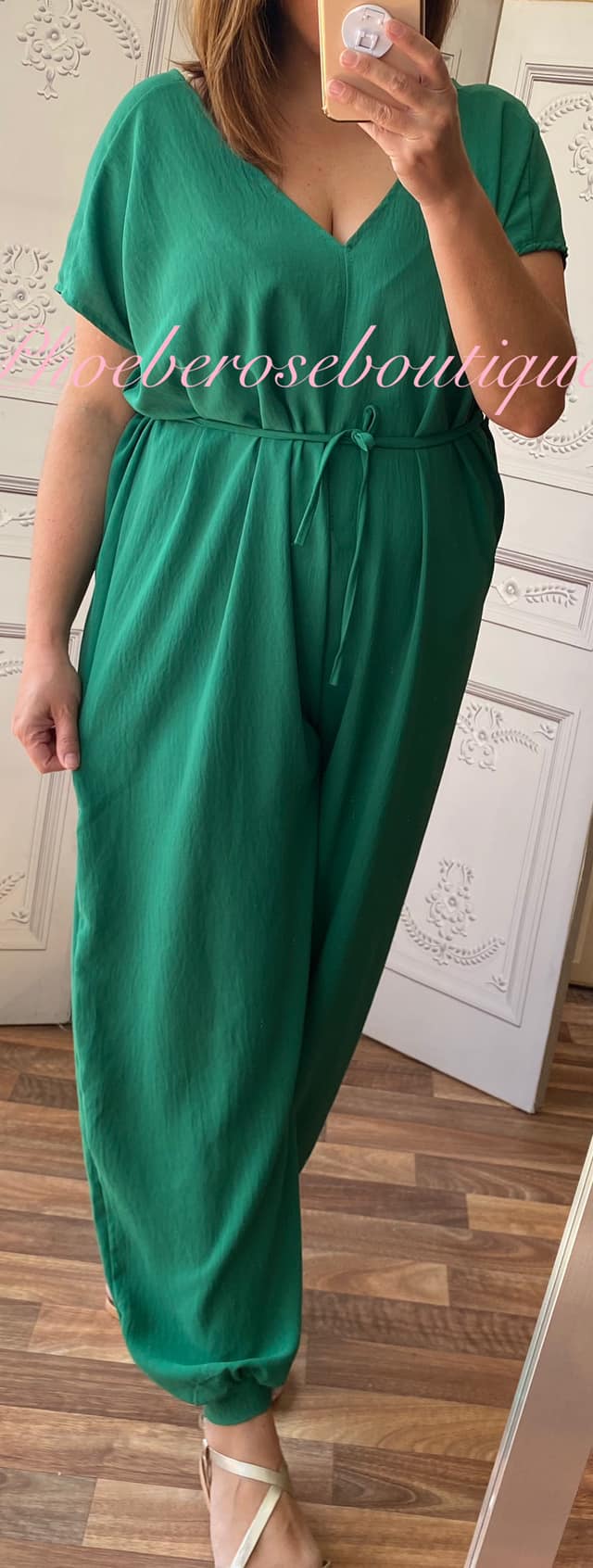 Short Sleeve Tie Jumpsuit - Emerald Green