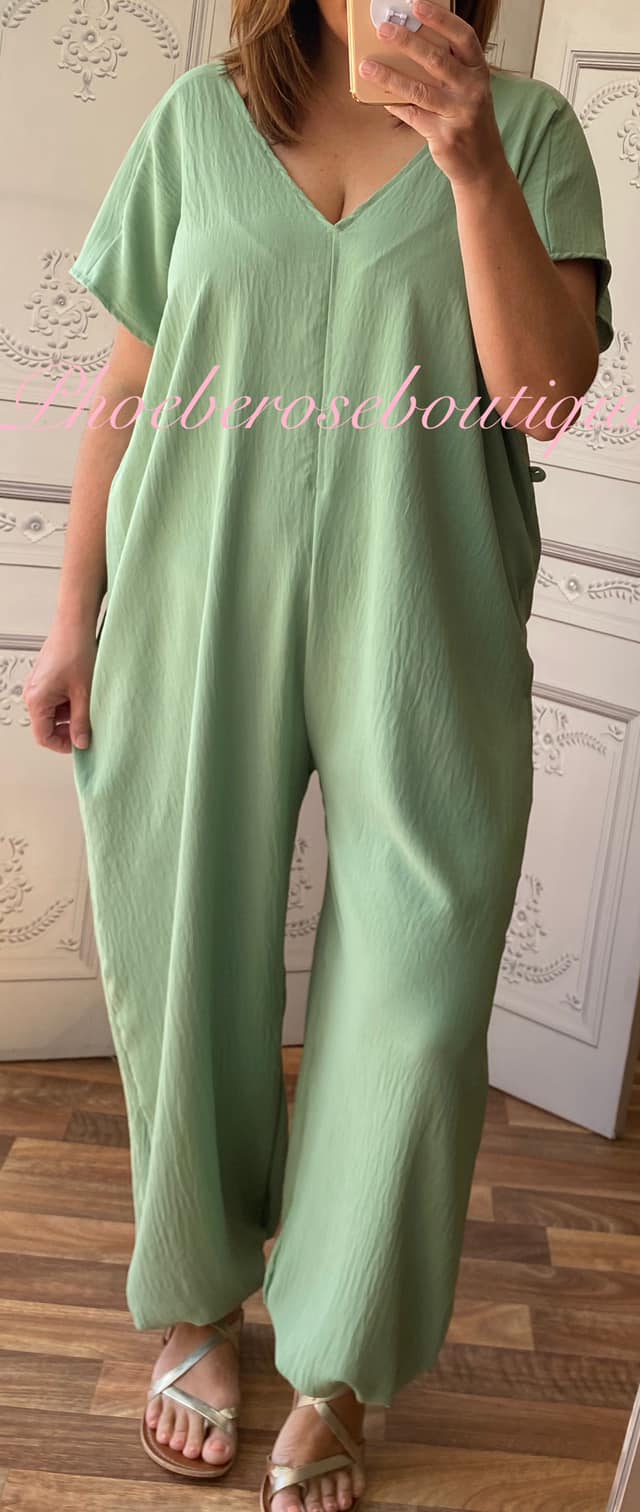 Short Sleeve Tie Jumpsuit - Sage Green - Image 3