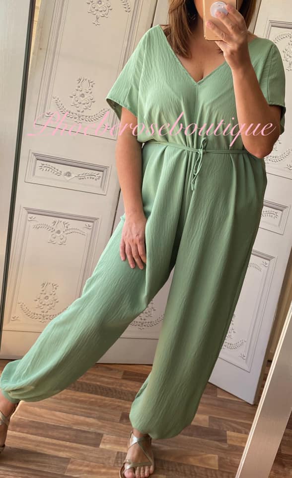 Short Sleeve Tie Jumpsuit - Sage Green