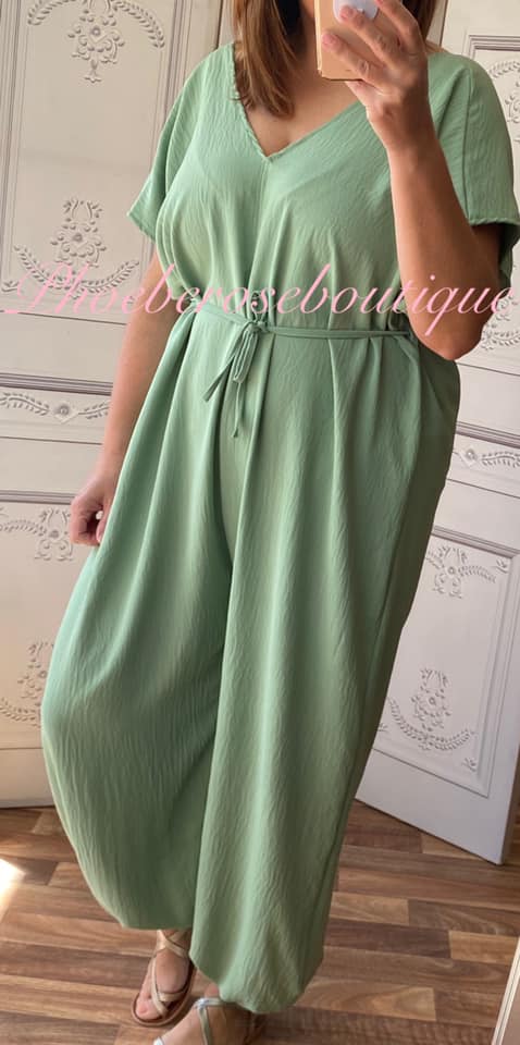 Short Sleeve Tie Jumpsuit - Sage Green