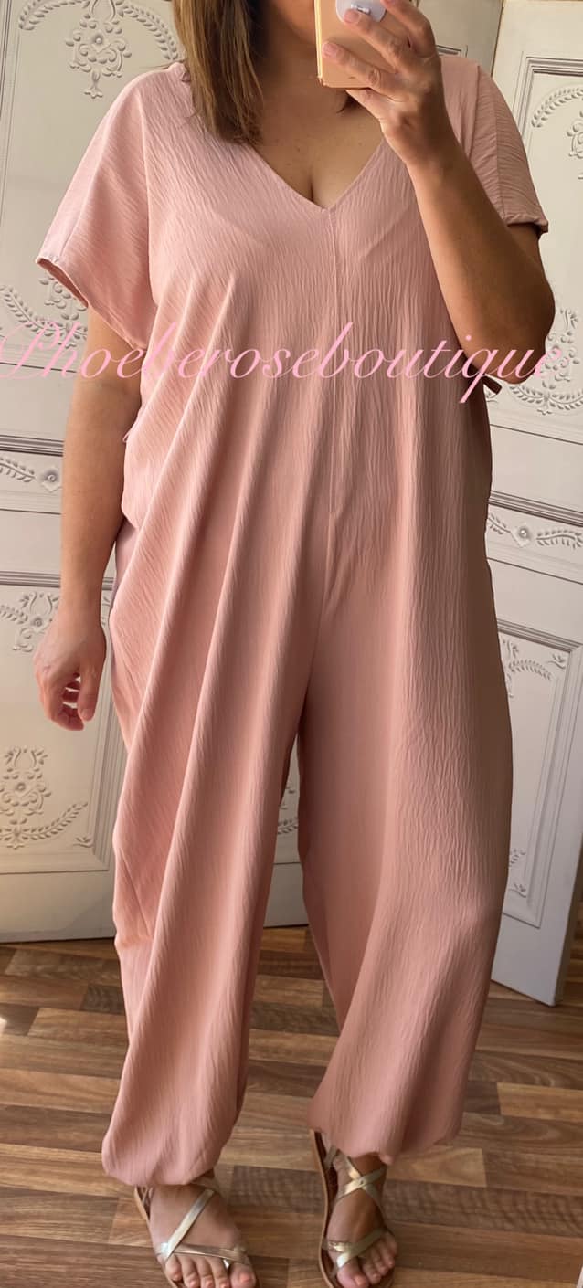 Short Sleeve Tie Jumpsuit - Soft Blush Pink