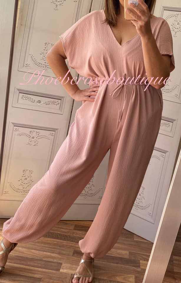 Short Sleeve Tie Jumpsuit - Soft Blush Pink