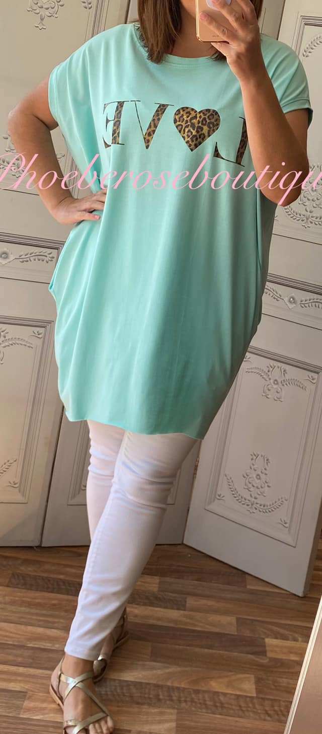 Lepo LOVE logo Jersey Cap Sleeve Pocket Tunic Top - Mint