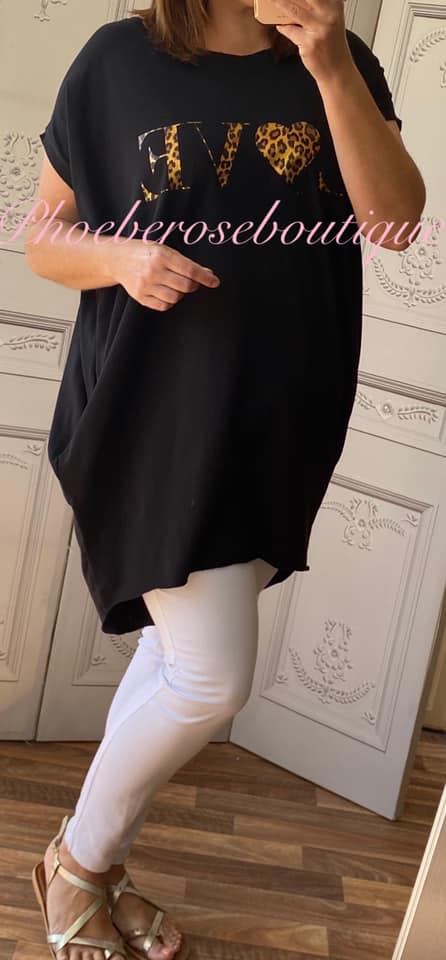 Lepo LOVE logo Jersey Cap Sleeve Pocket Tunic Top - Black