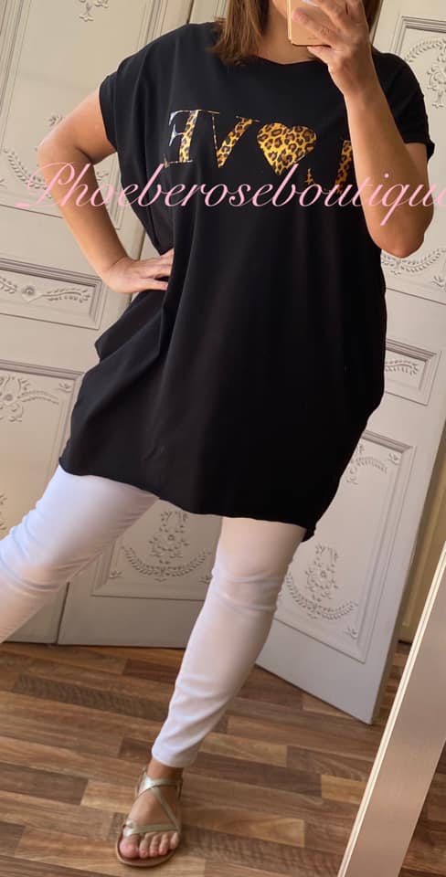 Lepo LOVE logo Jersey Cap Sleeve Pocket Tunic Top - Black - Image 3