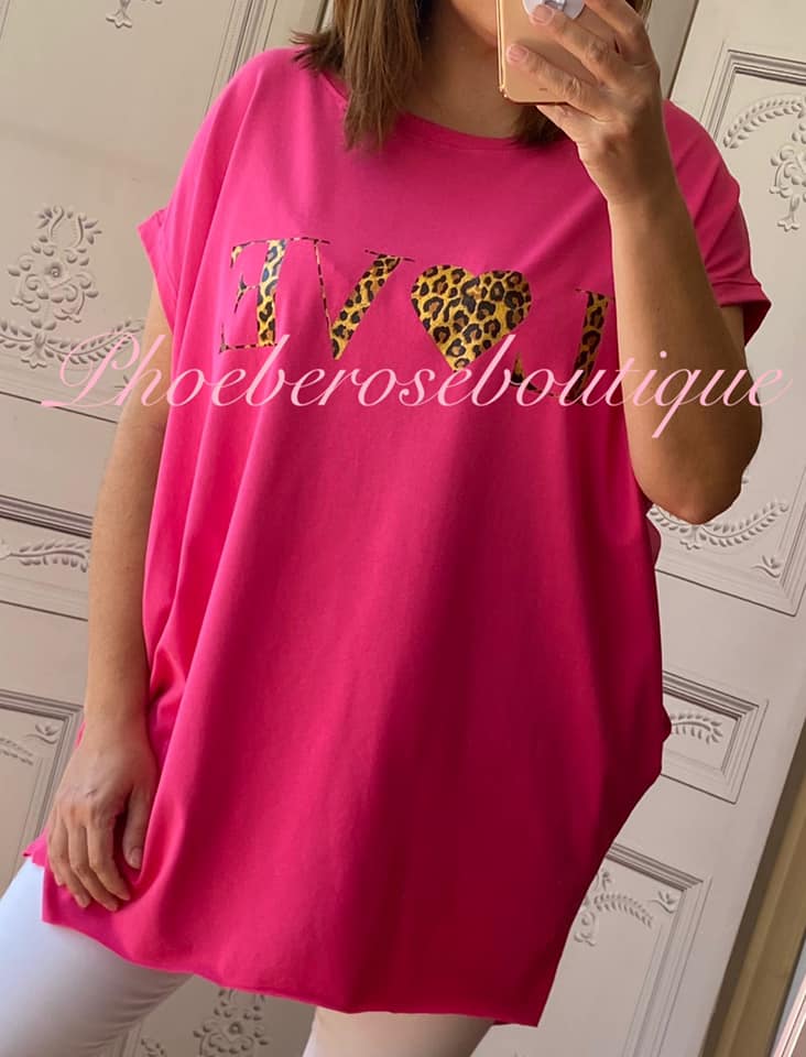Lepo LOVE logo Jersey Cap Sleeve Pocket Tunic Top - Fuschia