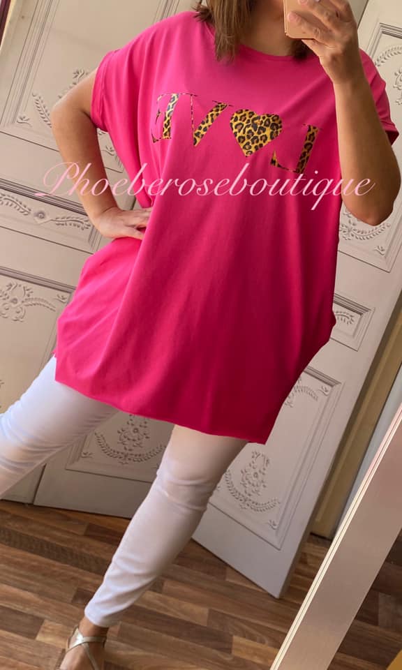Lepo LOVE logo Jersey Cap Sleeve Pocket Tunic Top - Fuschia - Image 3