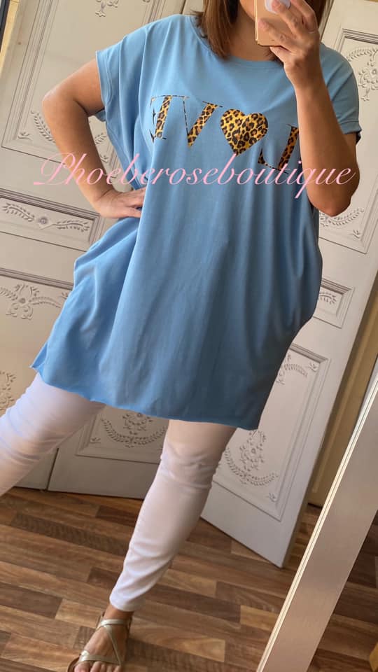 Lepo LOVE logo Jersey Cap Sleeve Pocket Tunic Top - Soft Blue - Image 3