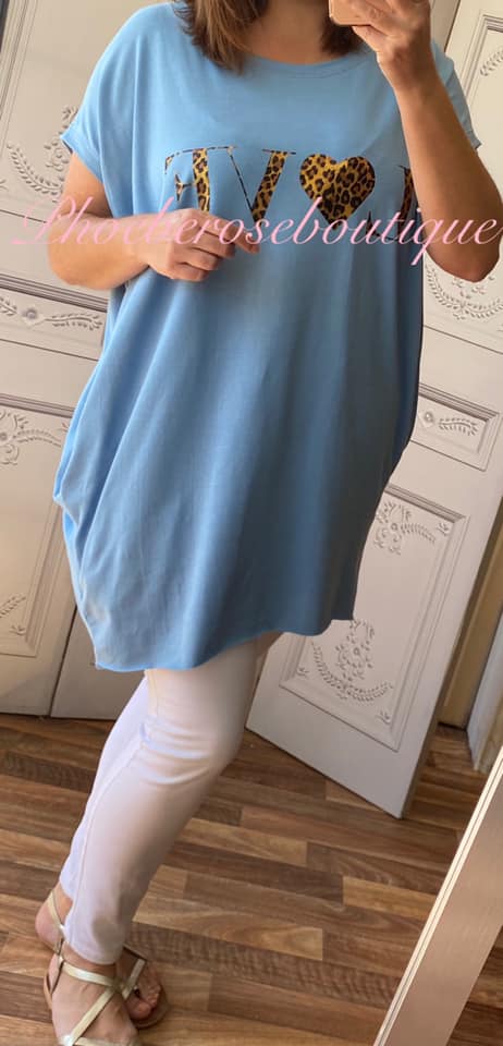 Lepo LOVE logo Jersey Cap Sleeve Pocket Tunic Top - Soft Blue
