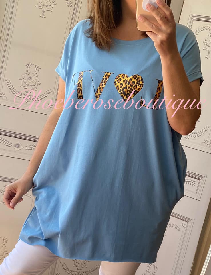 Lepo LOVE logo Jersey Cap Sleeve Pocket Tunic Top - Soft Blue