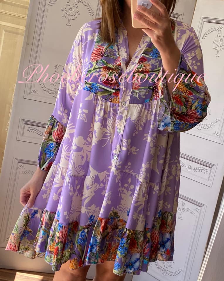 Mix Floral Print Tiered Smock/Tunic Dress - Lilac Mix