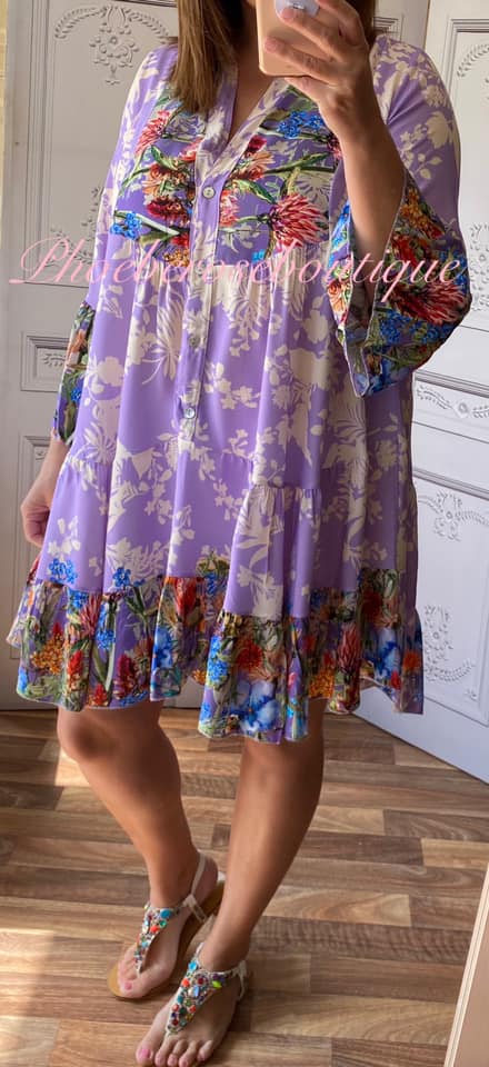 Mix Floral Print Tiered Smock/Tunic Dress - Lilac Mix
