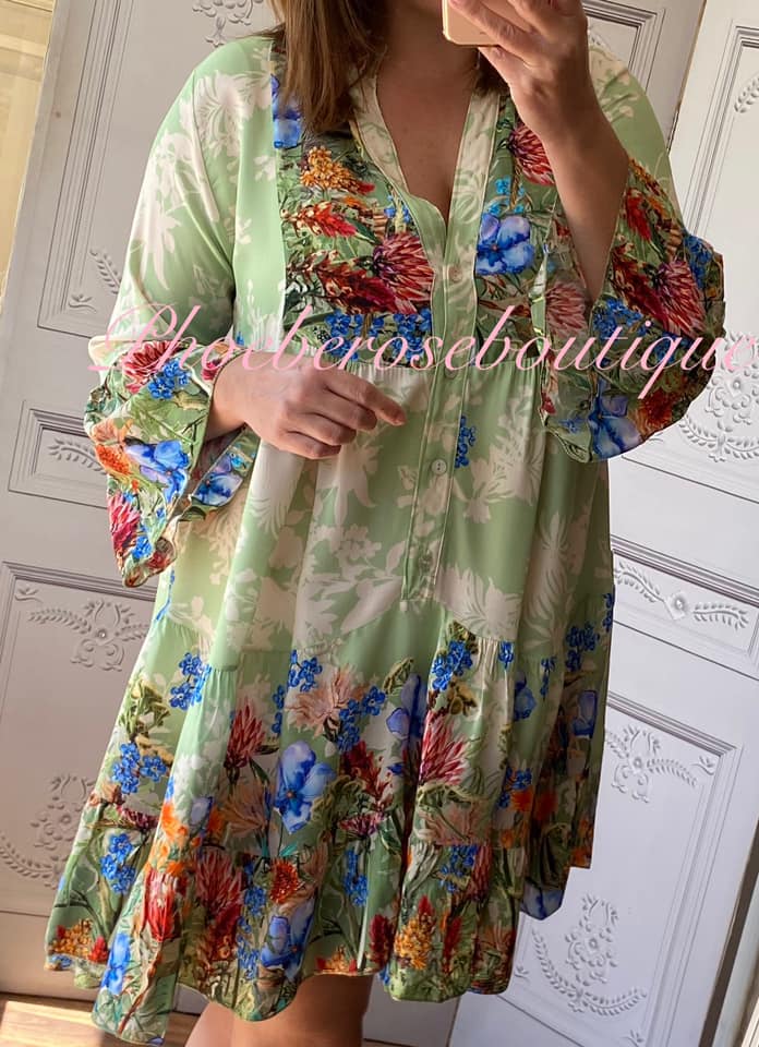 Mix Floral Print Tiered Smock/Tunic Dress - Pastel Lime Mix