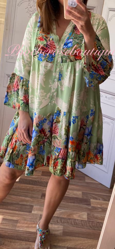 Mix Floral Print Tiered Smock/Tunic Dress - Pastel Lime Mix