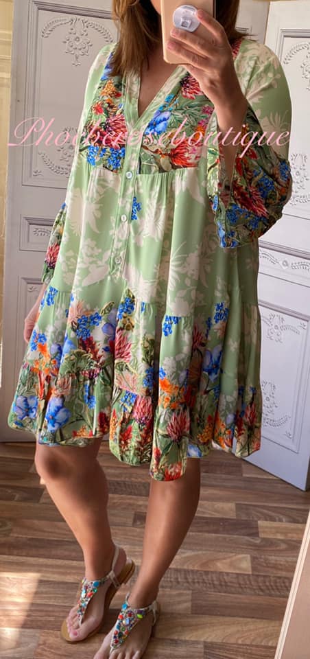 Mix Floral Print Tiered Smock/Tunic Dress - Pastel Lime Mix - Image 3