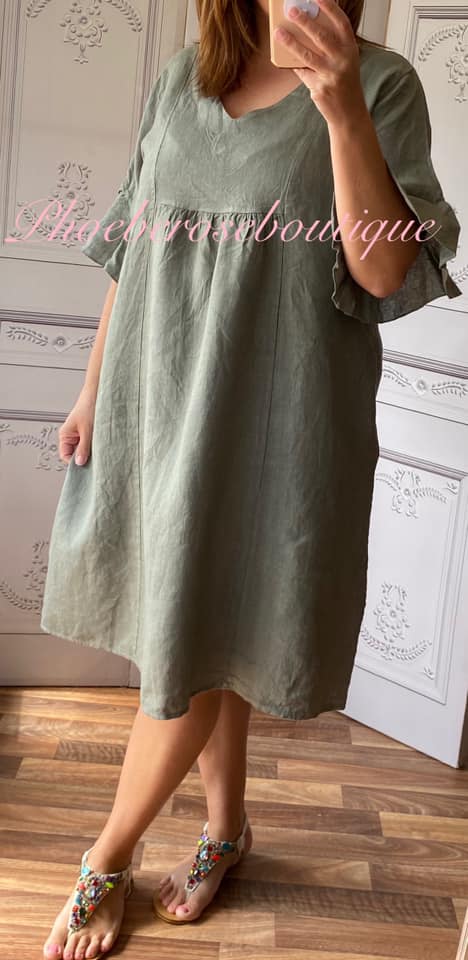 Linen V Neck Frill Sleeve Pocket Dress - Khaki