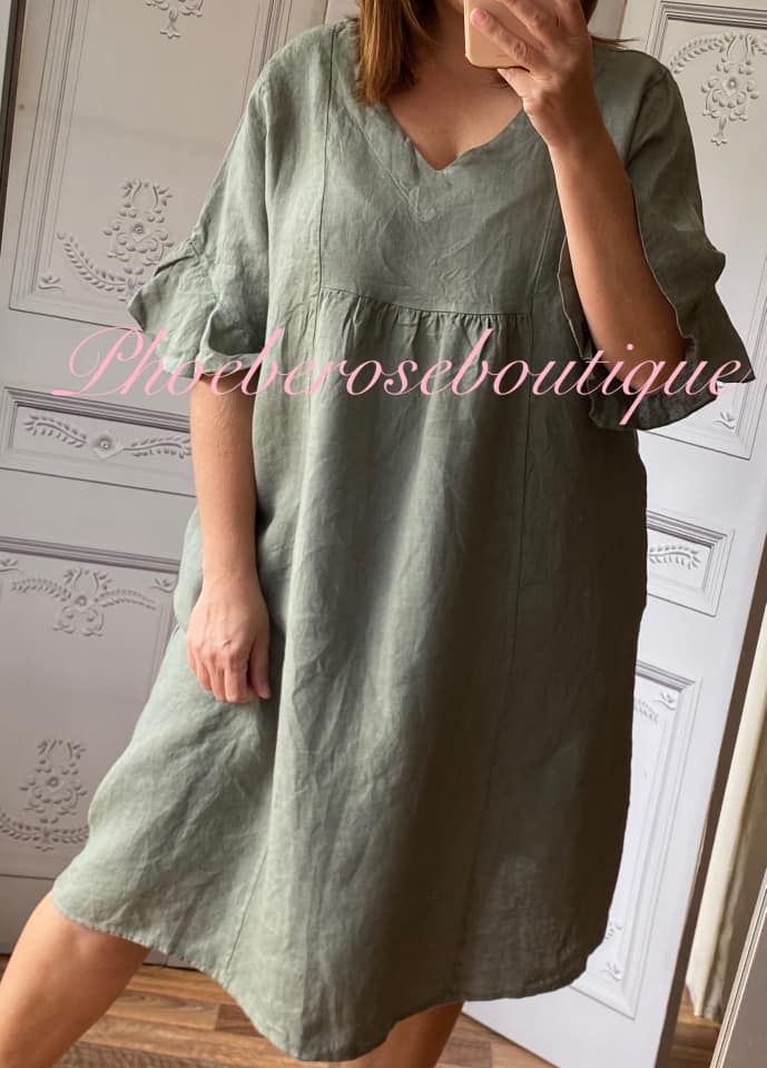 Linen V Neck Frill Sleeve Pocket Dress - Khaki