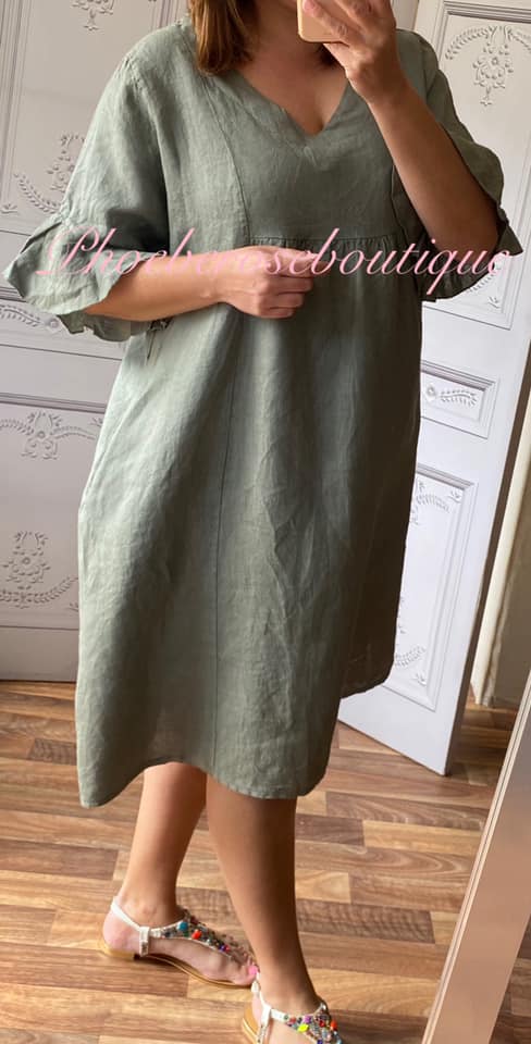 Linen V Neck Frill Sleeve Pocket Dress - Khaki - Image 3