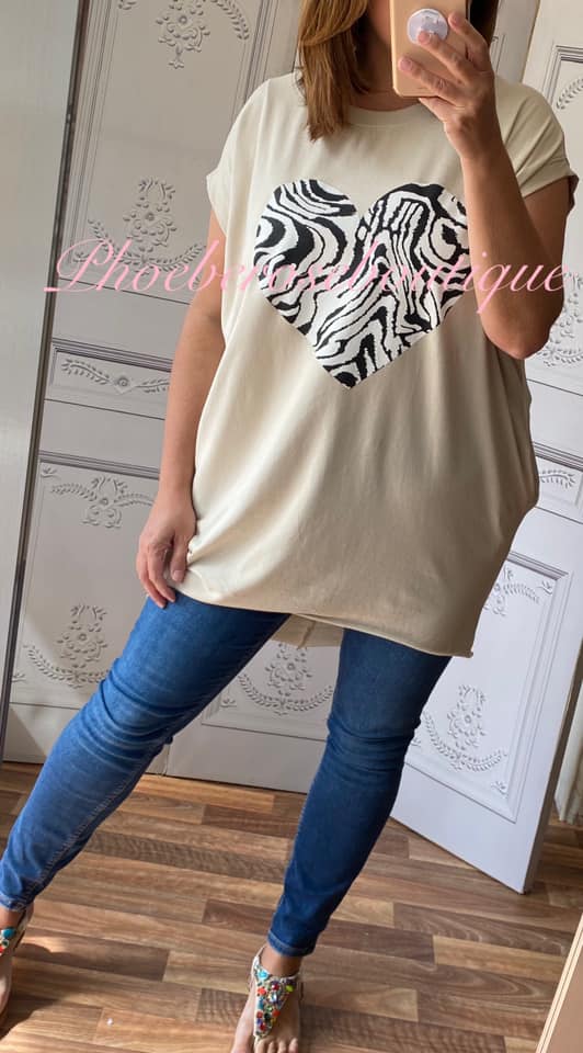 Zebra Heart Stretch Jersey Cap Sleeve Pocket Tunic Top - Stone - Image 3