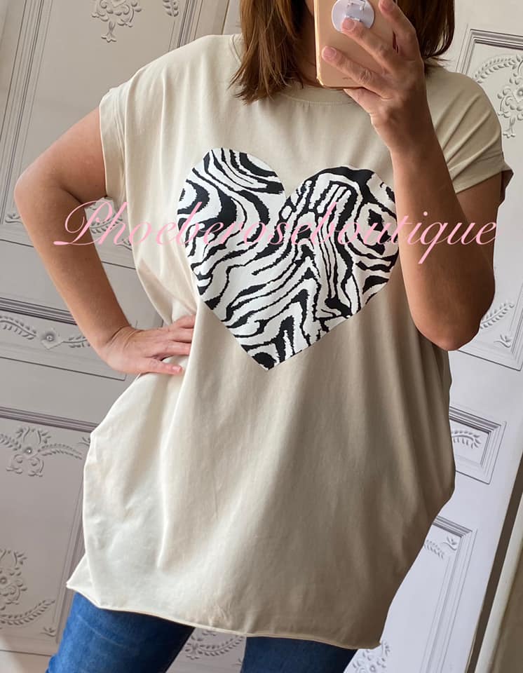 Zebra Heart Stretch Jersey Cap Sleeve Pocket Tunic Top - Stone