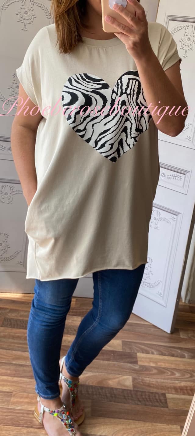 Zebra Heart Stretch Jersey Cap Sleeve Pocket Tunic Top - Stone