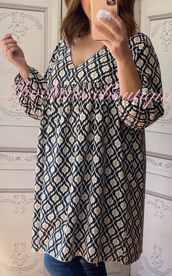 Diamond Design Loose Fit Smock Tunic/Dress - Black