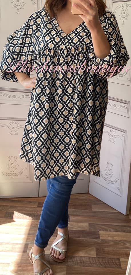 Diamond Design Loose Fit Smock Tunic/Dress - Black - Image 3