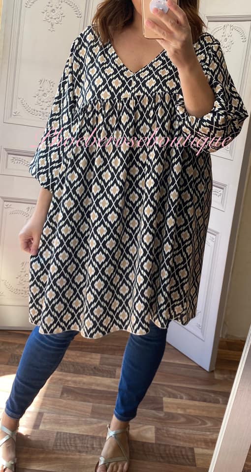 Diamond Design Loose Fit Smock Tunic/Dress - Black