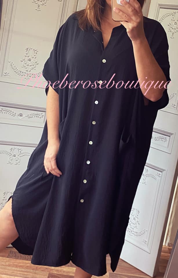 Oversized Pocket Shirt Dress - Black