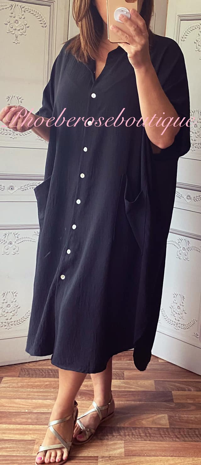 Oversized Pocket Shirt Dress - Black