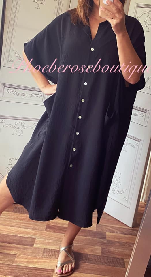 Oversized Pocket Shirt Dress - Black - Image 3