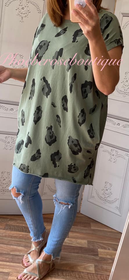 Animal Print Stretch Jersey Cap Sleeve Pocket Tunic Top - Khaki - Image 3