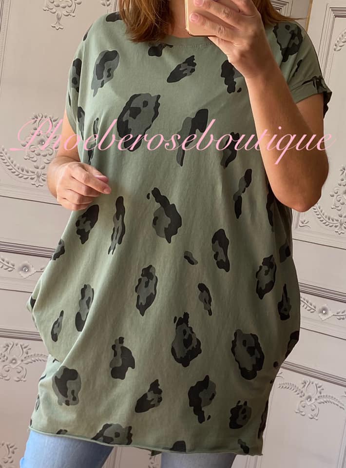 Animal Print Stretch Jersey Cap Sleeve Pocket Tunic Top - Khaki