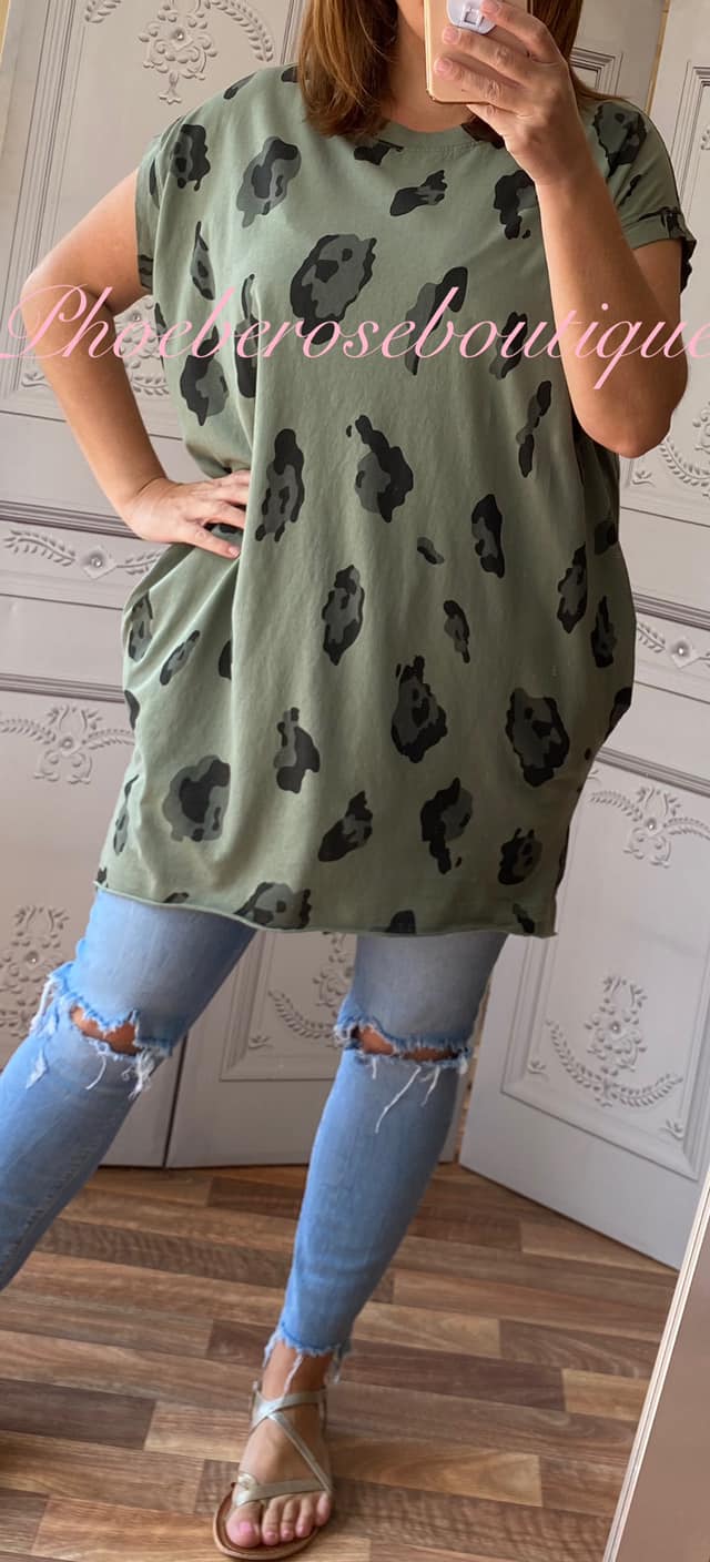 Animal Print Stretch Jersey Cap Sleeve Pocket Tunic Top - Khaki