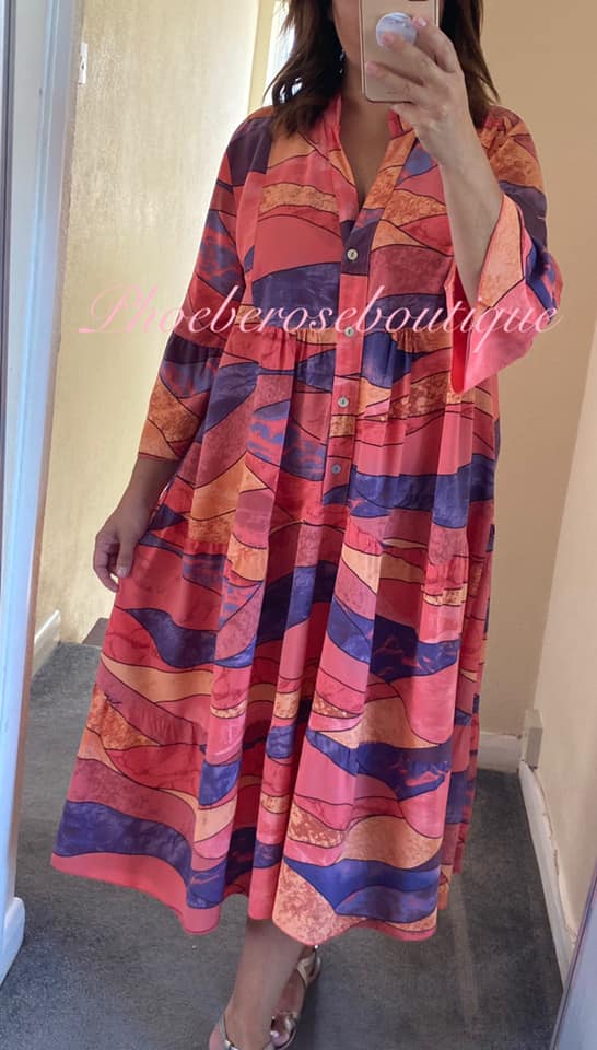 Abstract Print Midi Smock Tired Dress -Coral - Image 3