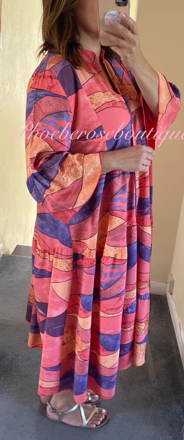 Aztec Print Midi Smock Tired Dress -Coral