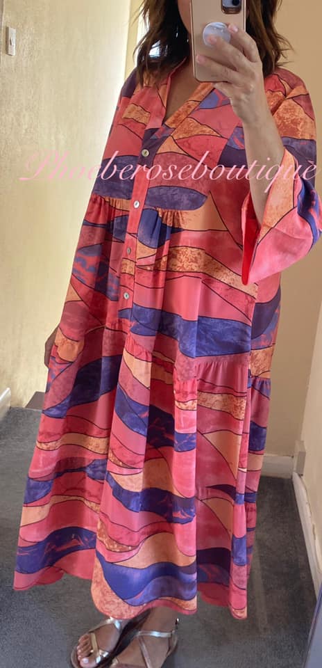 Aztec Print Midi Smock Tired Dress -Coral